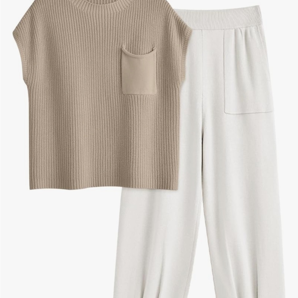 Casual Beige Knit Top and White Joggers Set